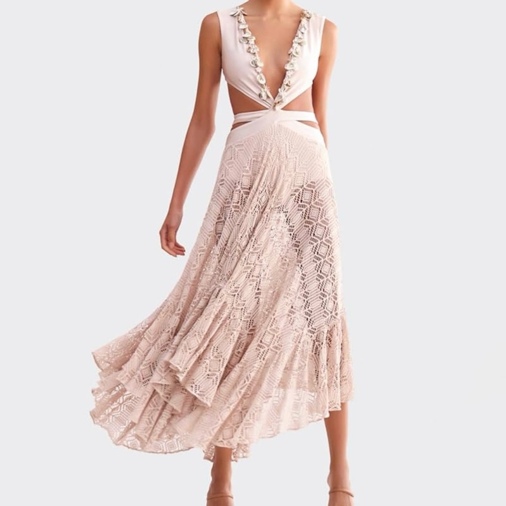 PATBO Elegant Shells and Perforated Midi Dress in Cream